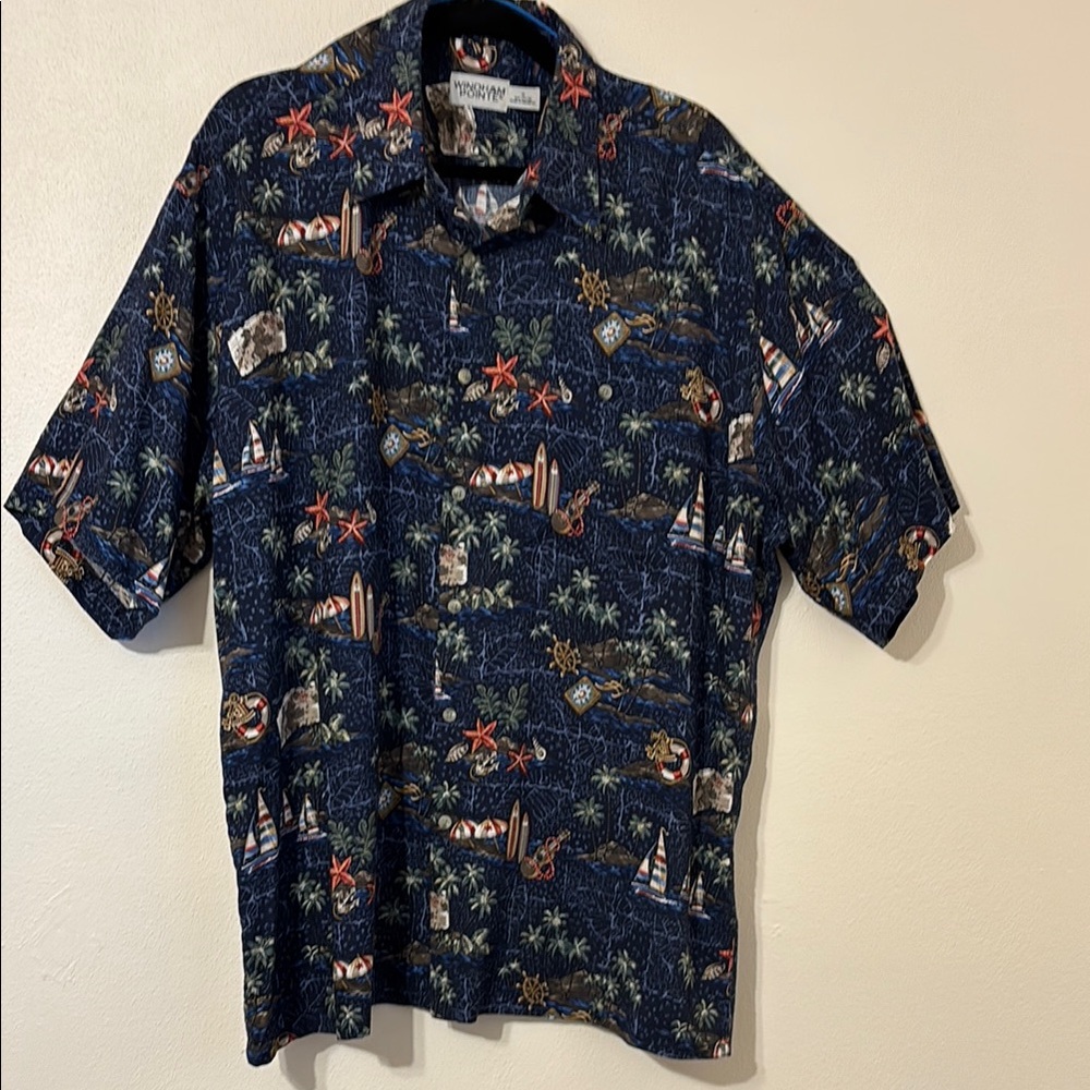 Windham Pointe Hawaiian Blue Casual Button Down Shirt with Tropical Print XLT